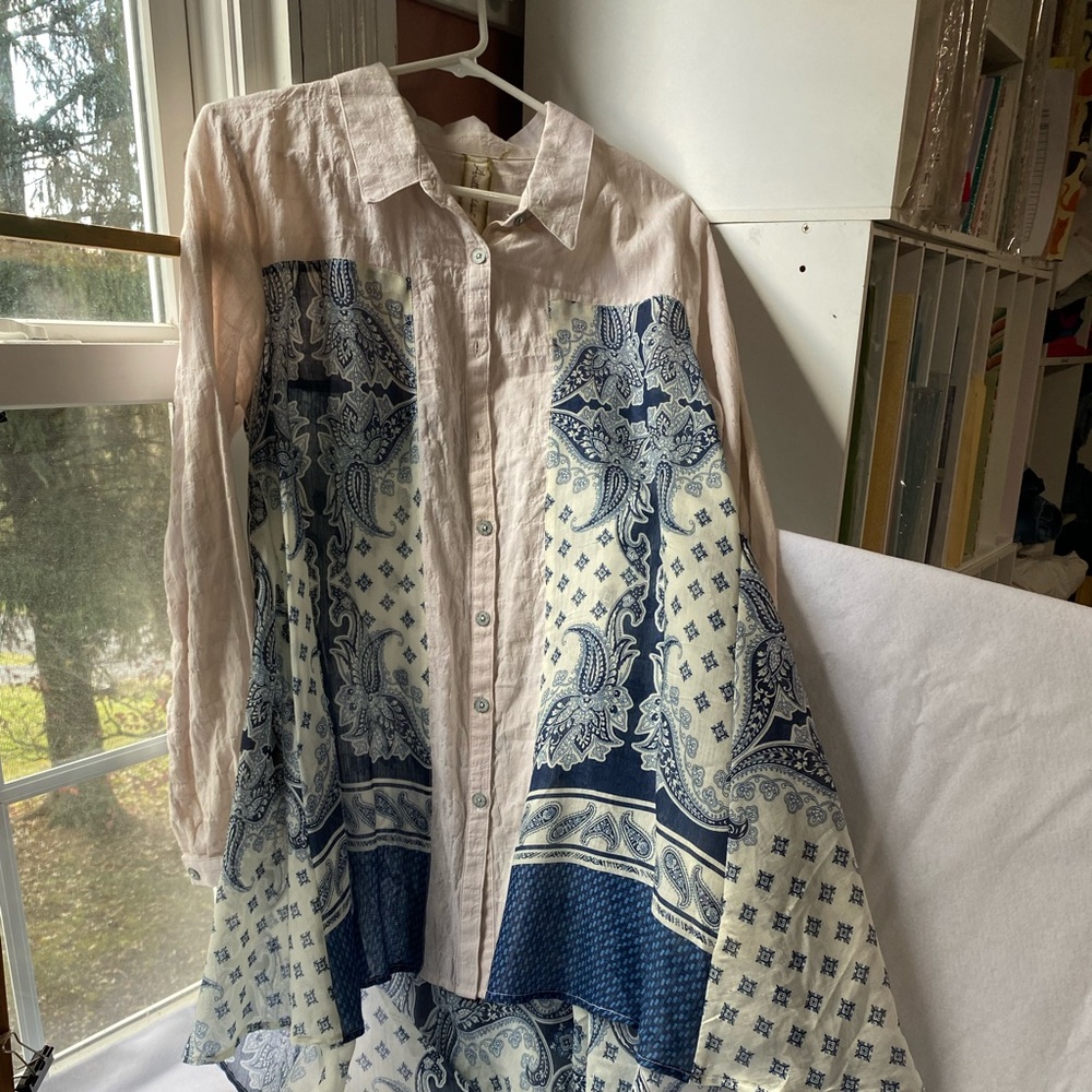 Aratta Silent Journey cotton tunic blouse pink/white/blue split back Size L